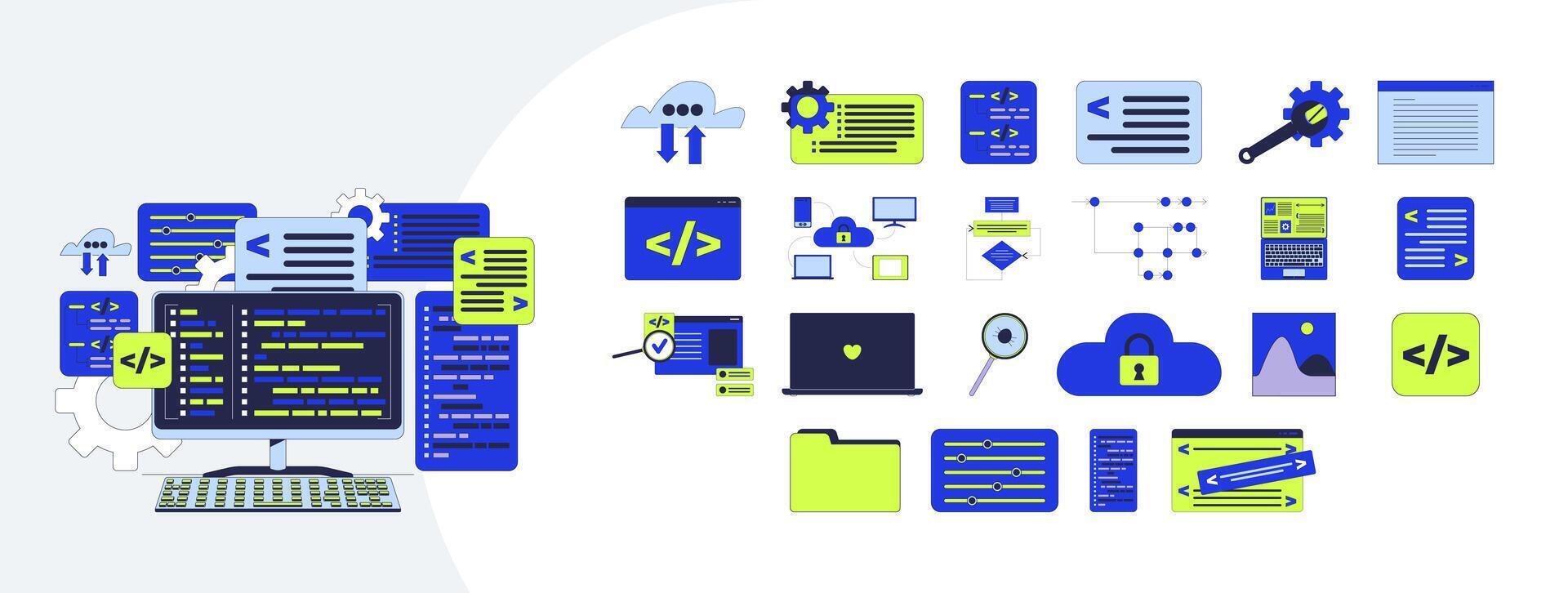Software development and programming cartoon flat illustrations mega bundle. Coding, cloud security, source code, debugging backend 2D images isolated on white. Collection drawings colorful vector