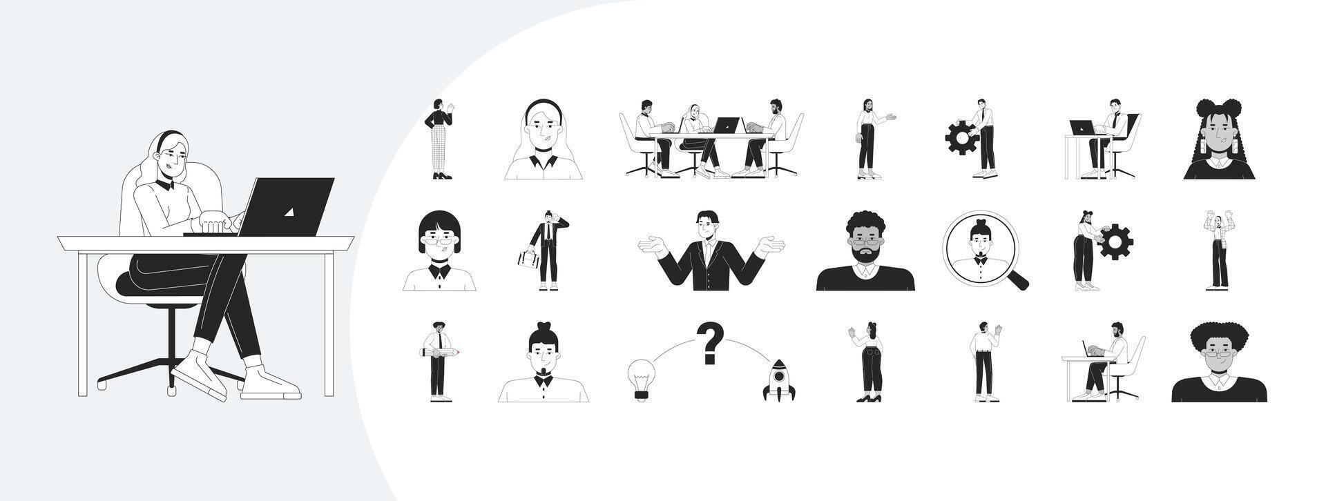 Diverse businesspeople employees outline illustrations mega bundle. Corporate life. Business women, men. Office workers career 2D linear images isolated. Collection black and white drawings vector