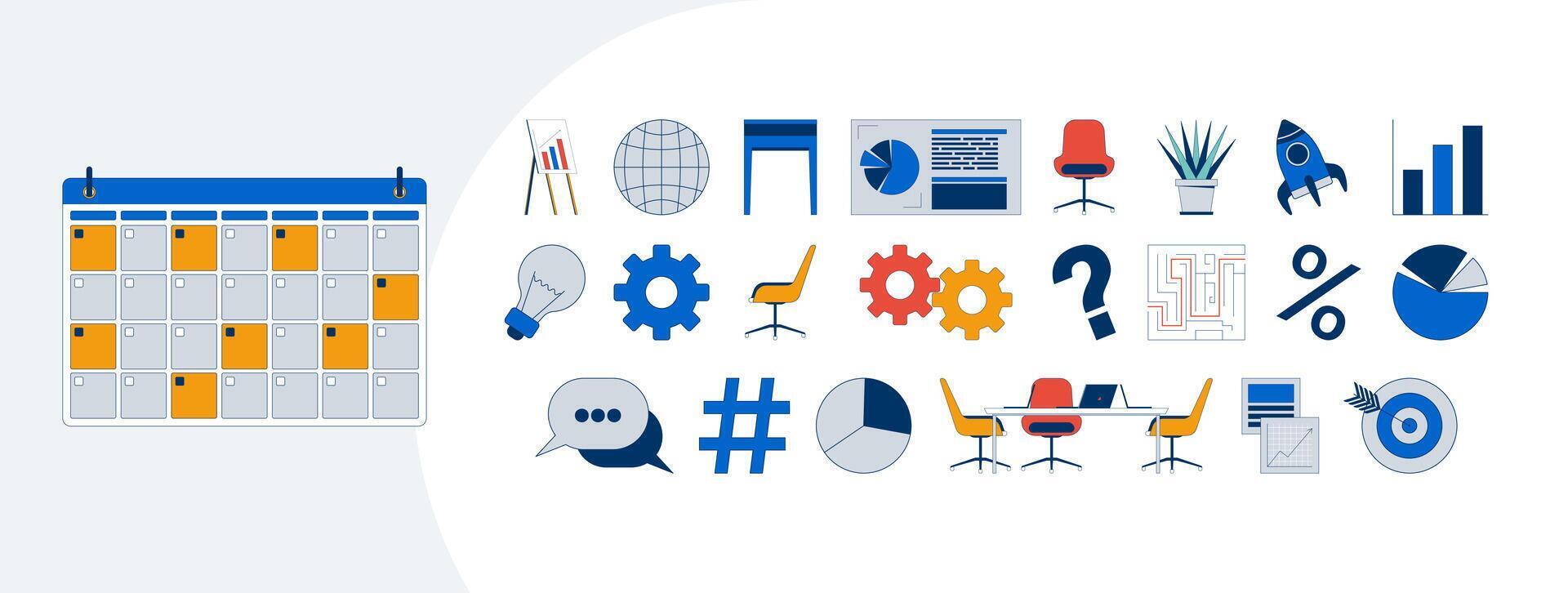 Business management essentials cartoon flat illustrations mega bundle. Calendar, charts, gears, office desk, piechart, target, rocket 2D images isolated on white. Collection drawings colorful vector