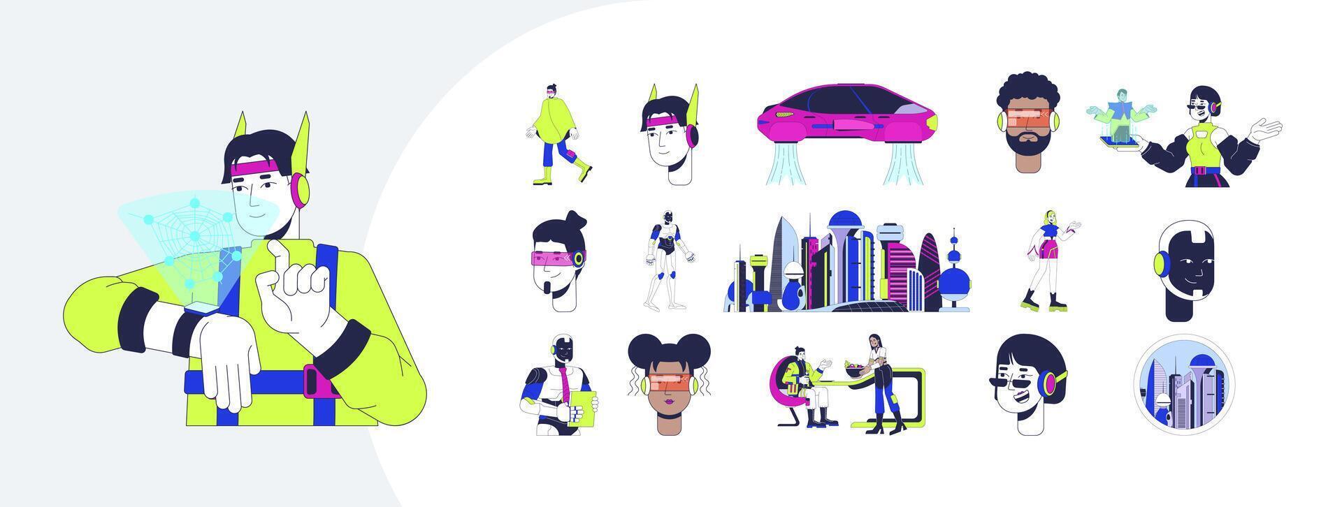Futurism and sci-fi technology cartoon flat illustrations mega bundle. Scifi wearable, hologram, flying car, cybernetics, robots 2D images isolated on white. Collection drawings colorful vector