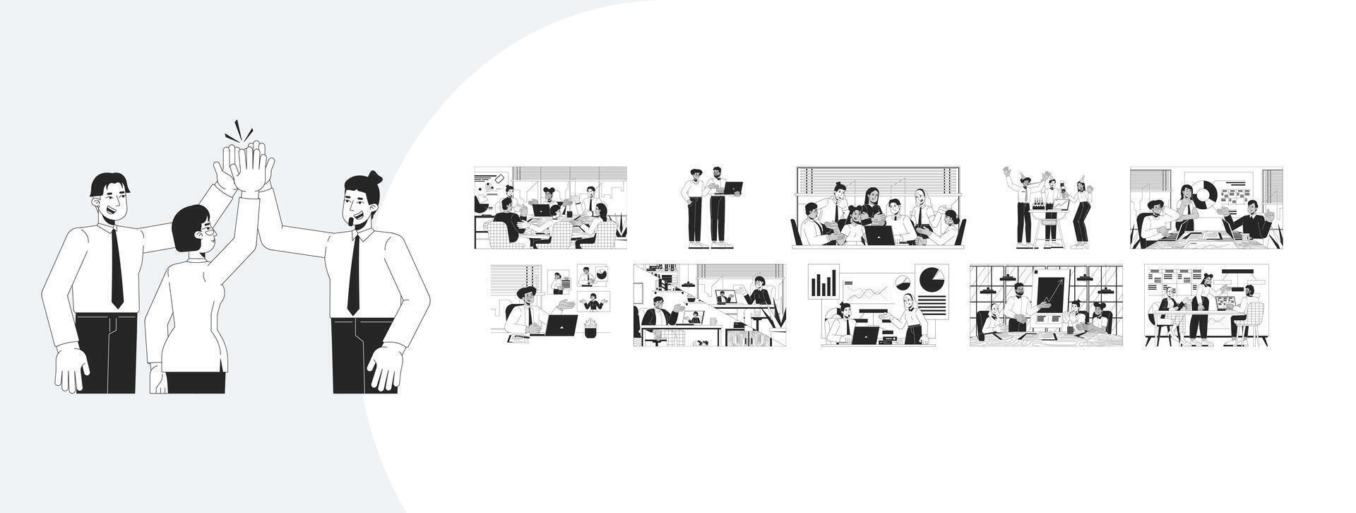 Business teamwork and meetings outline illustrations mega bundle. Project planning, brainstorming. Diverse team office workers 2D linear images isolated. Collection black and white drawings vector