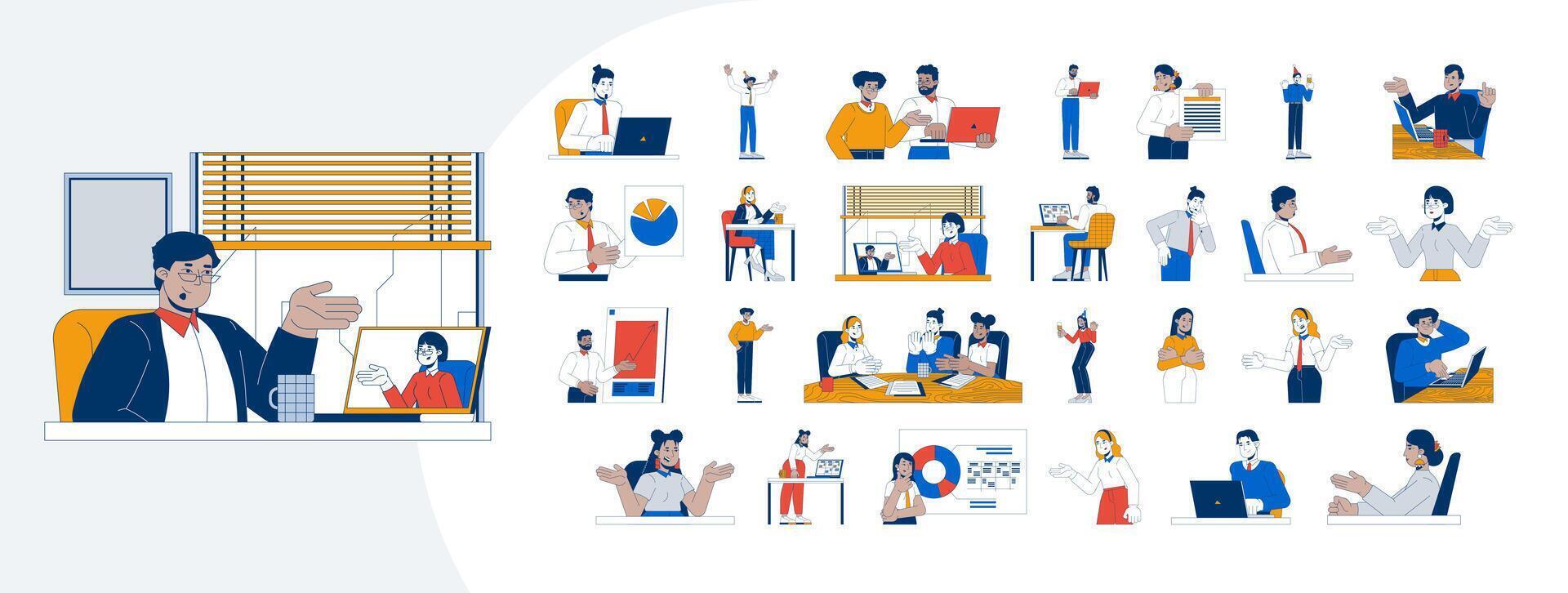 Corporate life cartoon flat illustrations mega bundle. Workplace communication. Remote teamwork. Professional talk. Diverse employees 2D images isolated on white. Collection drawings colorful vector