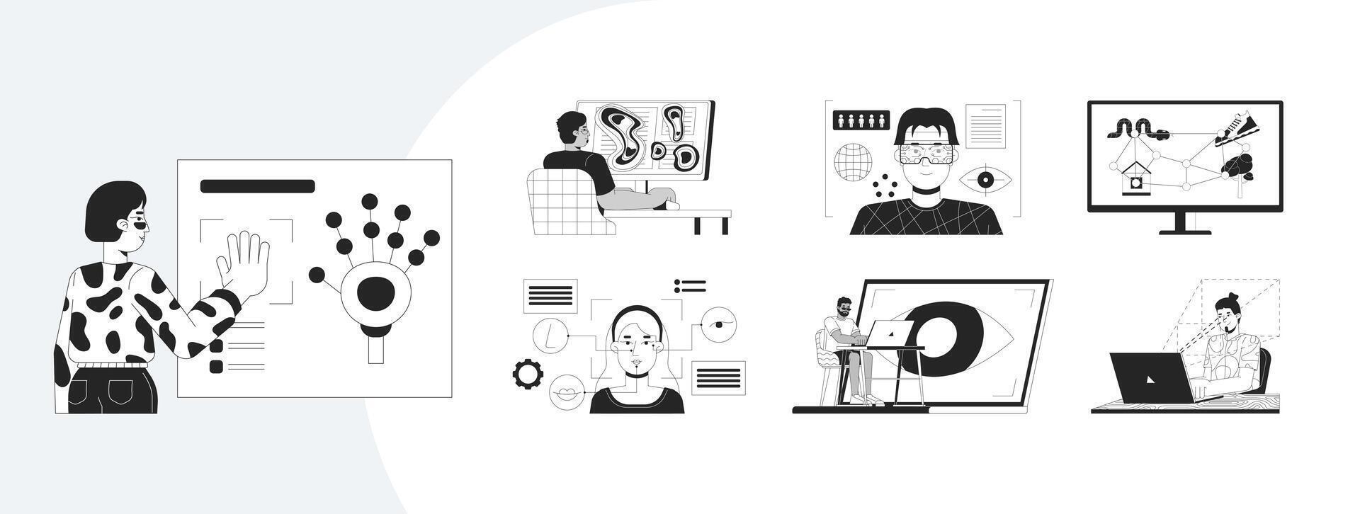 Eye tracking and UX testing technology outline illustrations mega bundle. Heatmaps, gaze mapping, user experience analysis 2D linear images isolated. Collection black and white drawings vector