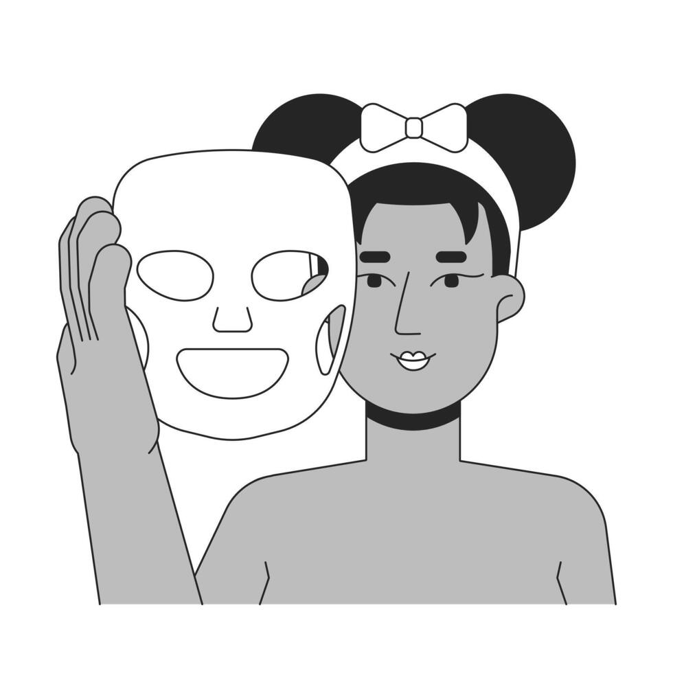Black woman using sheet mask for skincare routine outline illustration. Facial skin care. African american female face pampering 2D line character isolated on white. Monochrome ink linear image vector
