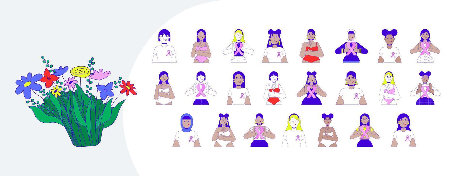 Breast cancer awareness cartoon flat illustrations mega bundle. Self examination, pink ribbons. Multicultural women empowerment 2D images isolated on white. Collection drawings colorful vector
