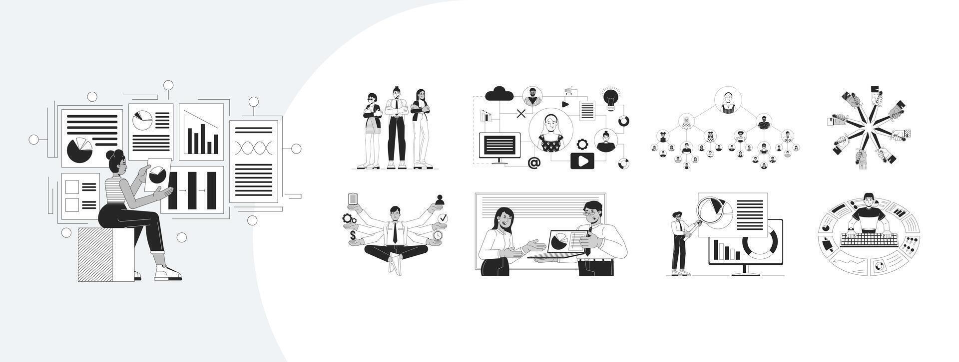 Product management workflow outline illustrations mega bundle. Data visualization. Diverse team collaboration. Performance metrics 2D linear images isolated. Collection black and white drawings vector