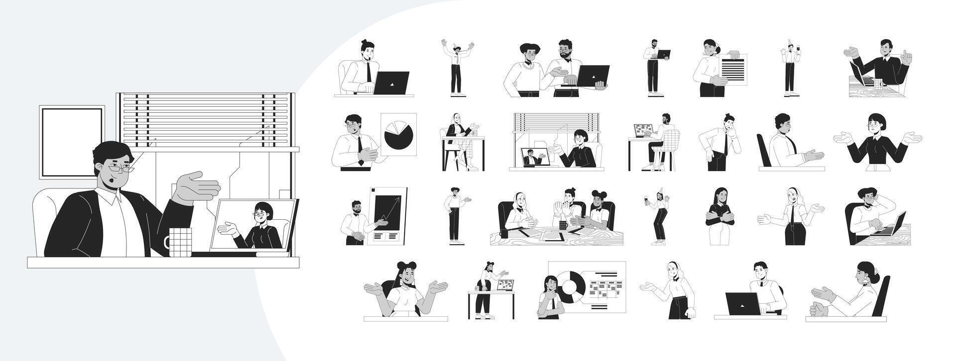 Corporate life outline illustrations mega bundle. Workplace communication. Remote teamwork. Professional talk. Diverse employees 2D linear images isolated. Collection black and white drawings vector
