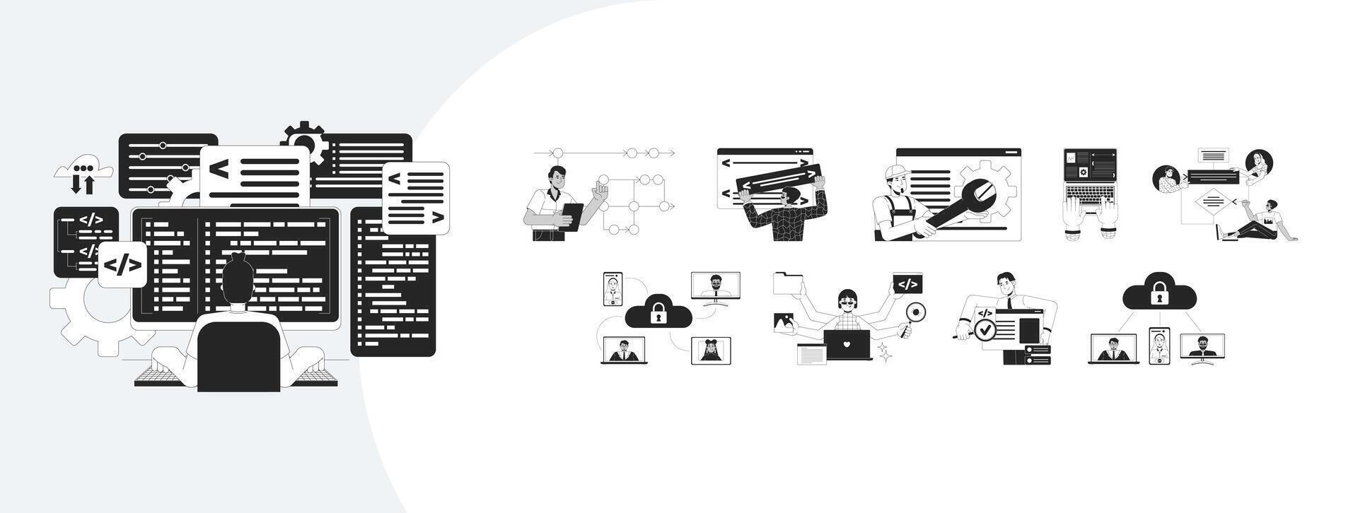 Software development process outline illustrations mega bundle. SaaS collaboration, debugging. Diverse developers writing code 2D linear images isolated. Collection black and white drawings vector