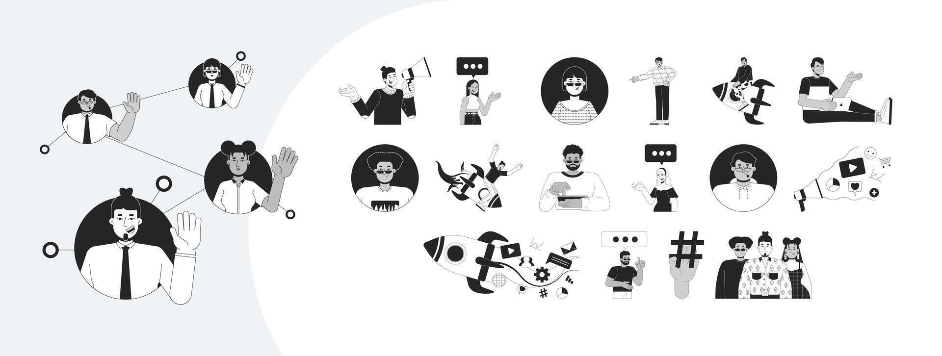 Digital marketing and social engagement outline illustrations mega bundle. Viral promotion. Diverse influencers, content makers 2D linear images isolated. Collection black and white drawings vector
