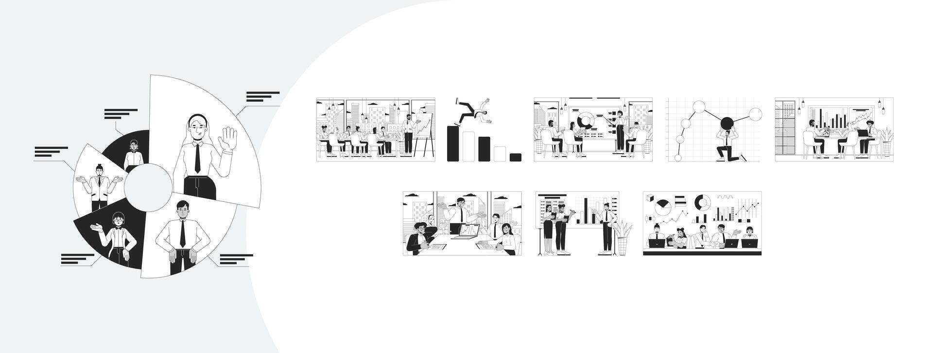 Corporate studying infographics outline illustrations mega bundle. Data visualization. Diverse office workers on business meetings 2D linear images isolated. Collection black and white drawings vector