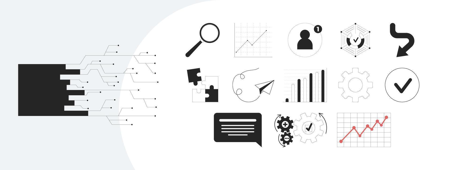 Digital business tools and process optimization outline illustrations mega bundle. Workflow, analytics, data automation 2D linear images isolated. Collection black and white drawings vector