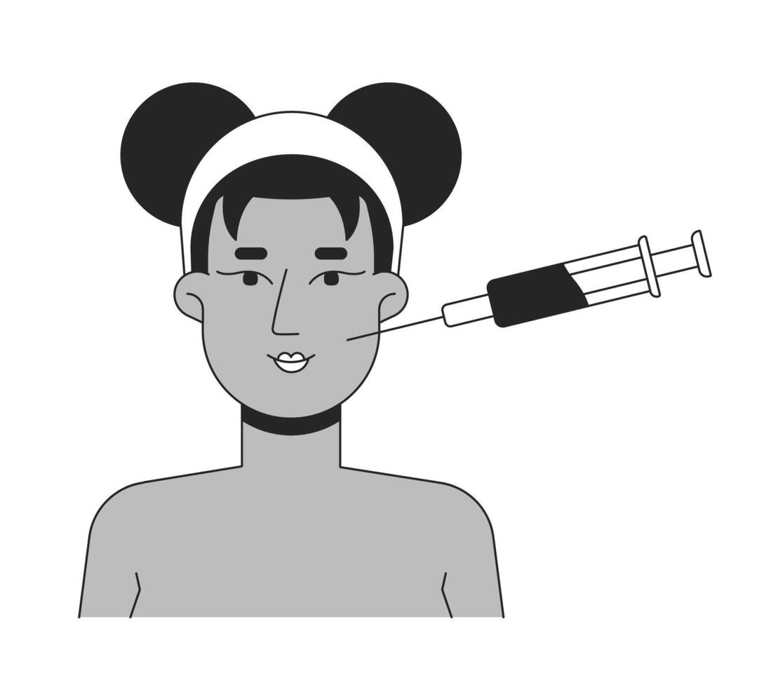 Black woman receiving cosmetic injection for cheek filler line illustration concept. African american female face enhancement outline 2D character isolated. Ink linear metaphor art vector