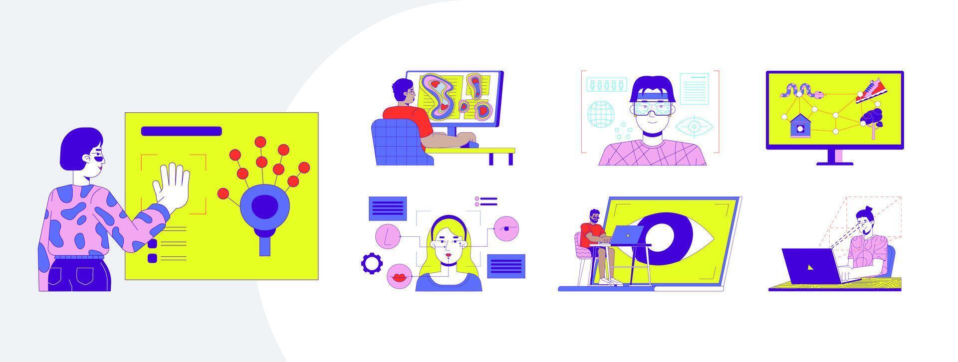 Eye tracking and UX testing technology cartoon flat illustrations mega bundle. Heatmaps, gaze mapping, user experience analysis 2D images isolated on white. Collection drawings colorful vector