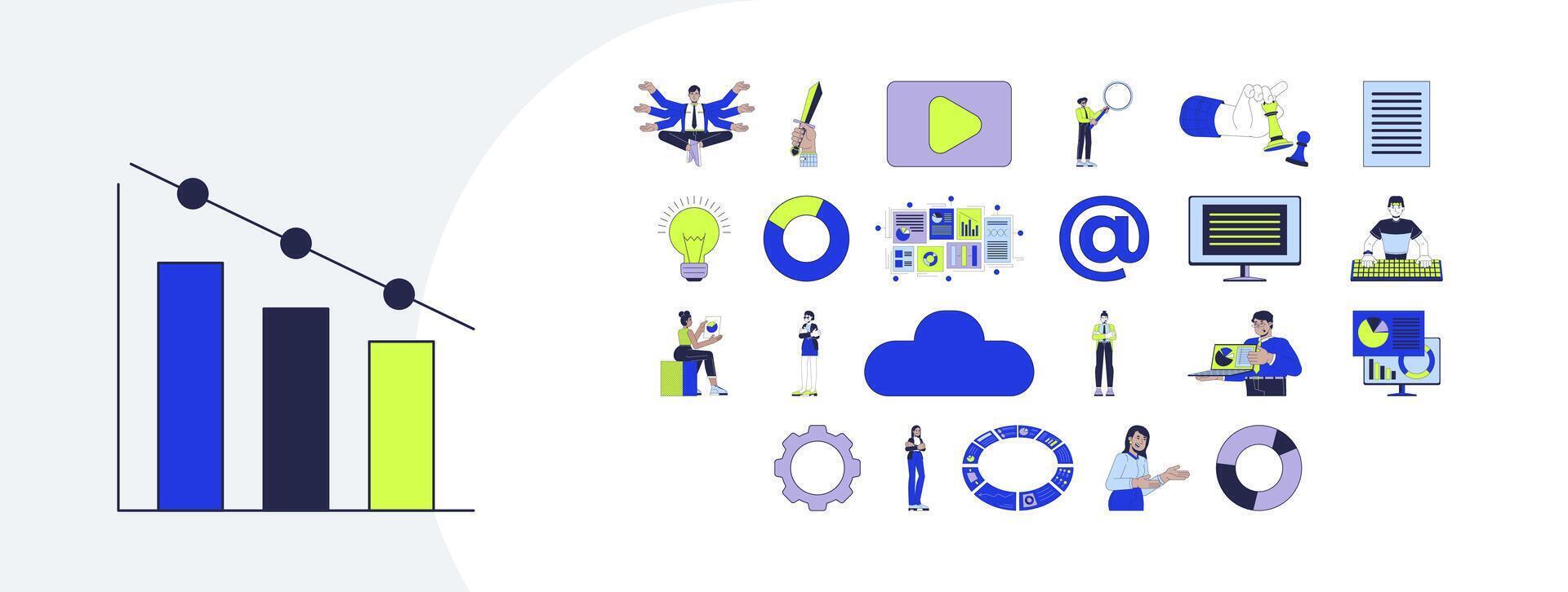 Product management tools and strategy cartoon flat illustrations mega bundle. Business charts, diagrams, analytics, cloud technology 2D images isolated on white. Collection drawings colorful vector