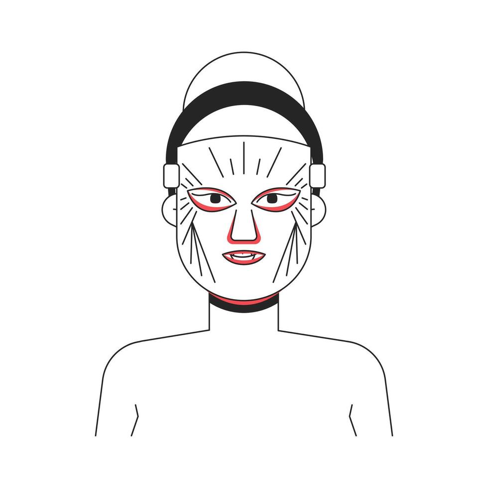 Blonde woman wearing LED light therapy mask outline illustration. Skincare technology. Caucasian white female beauty device 2D line character isolated on white. Monochrome ink linear image vector
