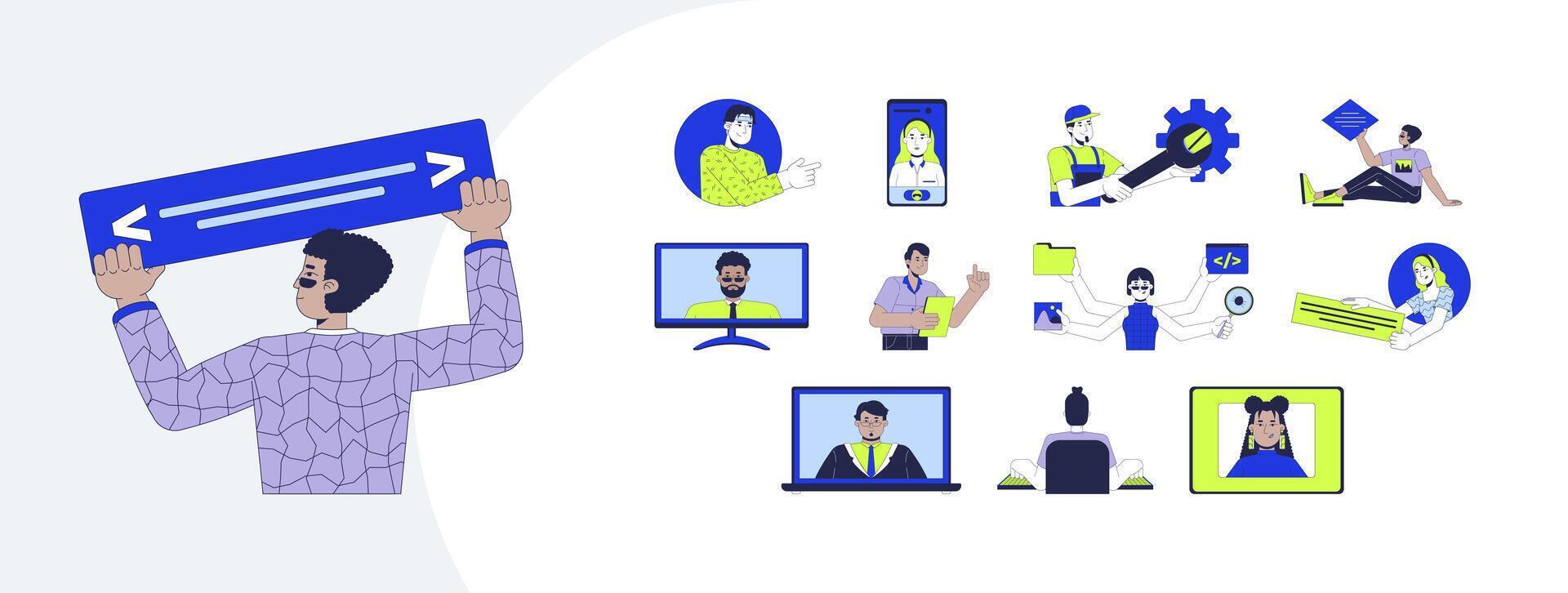 Software development characters cartoon flat illustrations mega bundle. Diverse developers technology. Programmers, app builder 2D images isolated on white. Collection drawings colorful vector