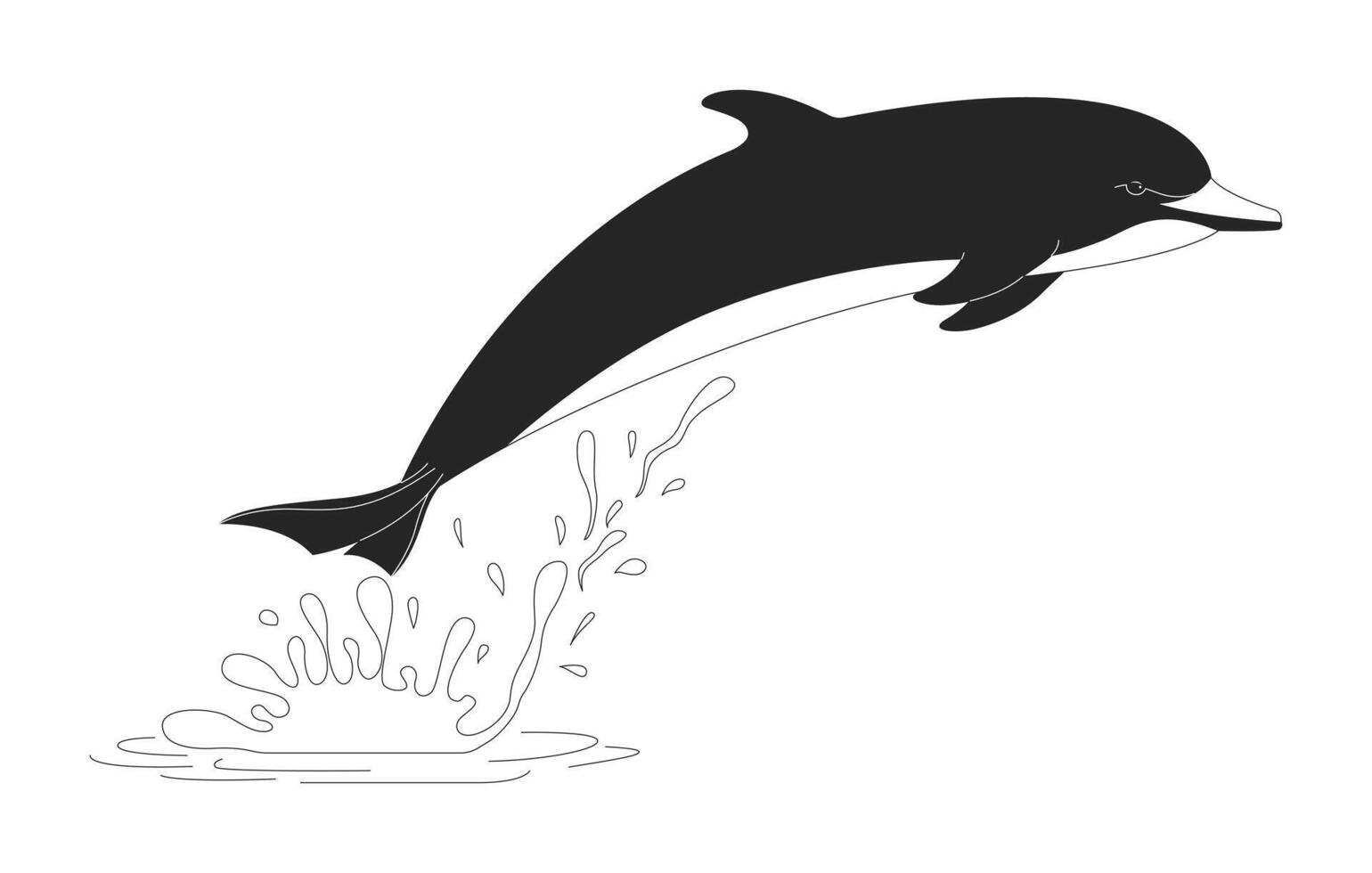 Playful dolphin jumping from water splash 2D line character. Sea animal leaping joyfully out of ocean. Marine wildlife isolated ink outline creature. Monochromatic spot illustration vector
