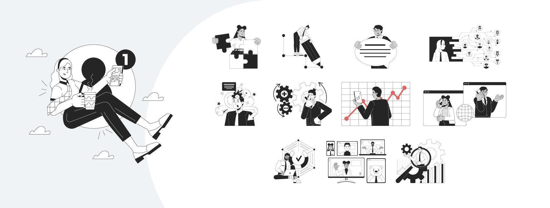 Digital business outline illustrations mega bundle. Mobile notification, virtual teamwork, corporate productivity analysis 2D linear images isolated. Collection black and white drawings vector
