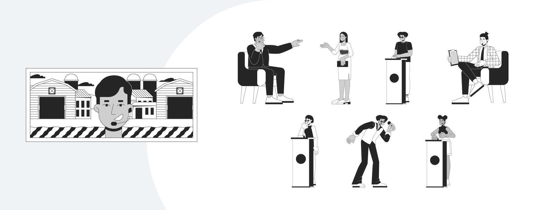 TV entertainment characters outline illustrations mega bundle. Television game show participants pressing buzzers, interviewer 2D linear images isolated. Collection black and white drawings vector