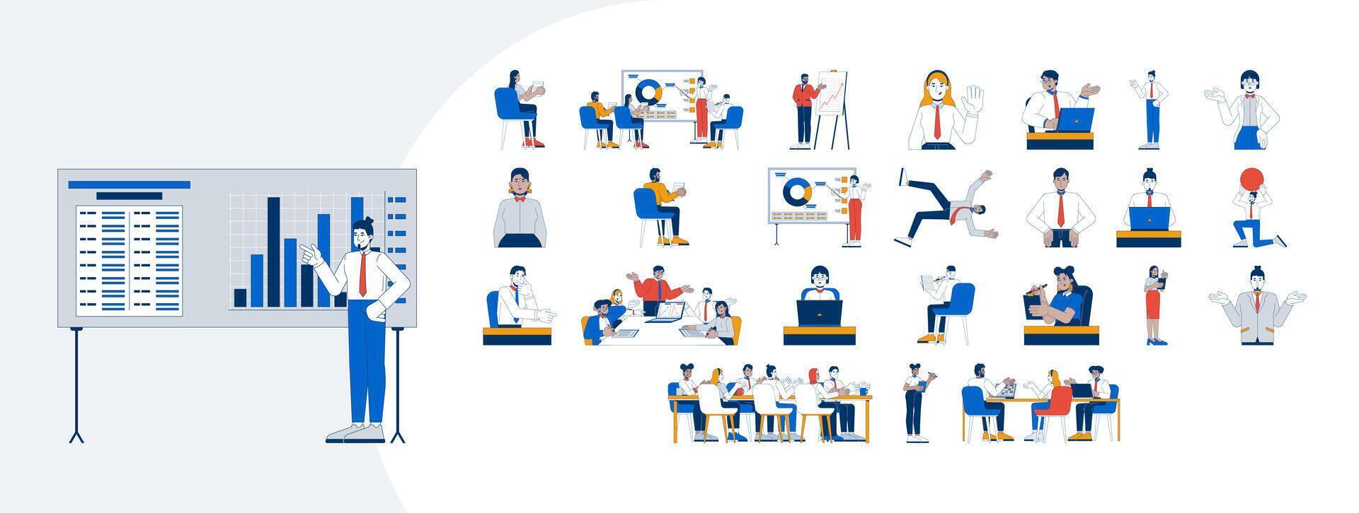 Office workers studying and corporate training cartoon flat illustrations mega bundle. Analysis, presenting. Multicultural employees 2D images isolated on white. Collection drawings colorful vector