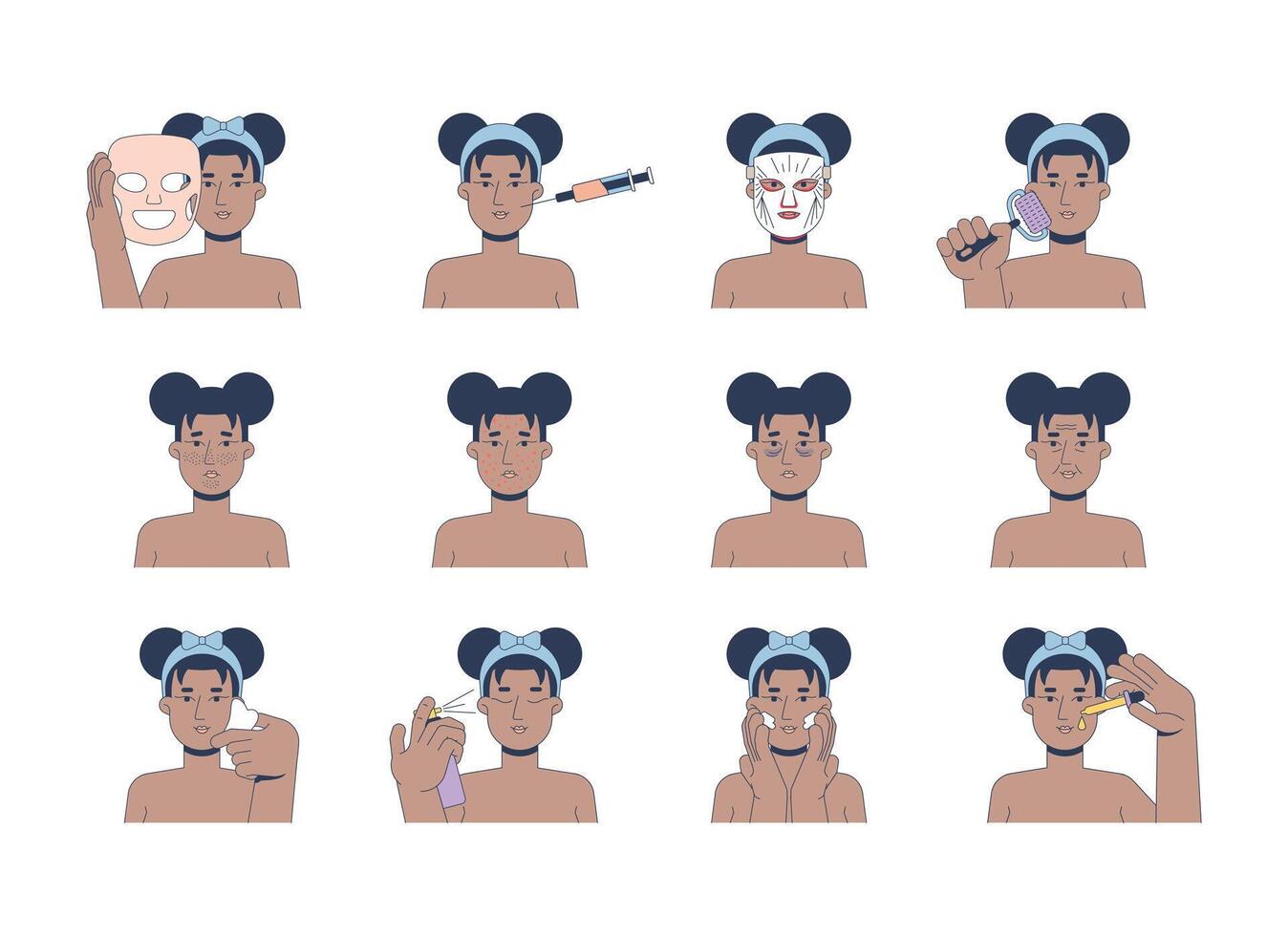 Skincare treatments and skin conditions 2D illustrations set. Sheet mask, facial mist, gua sha, microneedling. Black woman flat character isolated on white. Colorful cartoon images collection vector