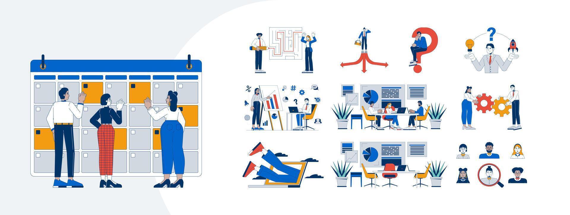 Business management strategy cartoon flat illustrations mega bundle. Startup, office workers brainstorming. Diverse professionals 2D images isolated on white. Collection drawings colorful vector