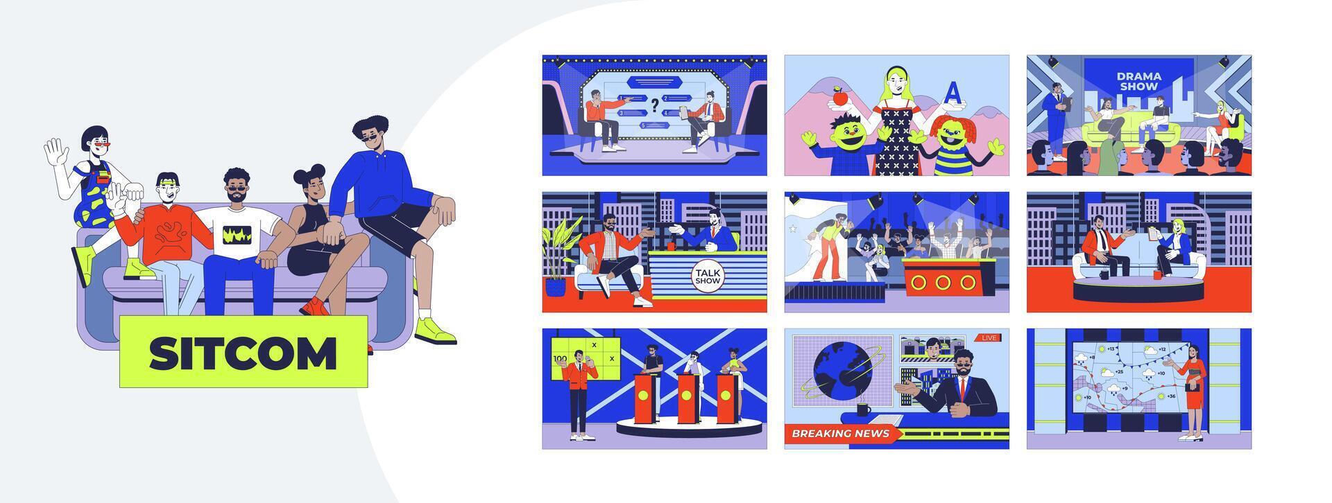 TV shows broadcast entertainment cartoon flat illustrations mega bundle. Sitcom, weather report, anchor news, quiz competition 2D images isolated on white. Collection drawings colorful vector
