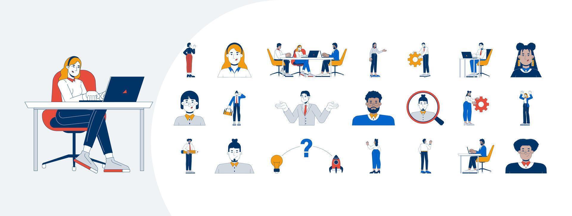 Diverse businesspeople employees cartoon flat illustrations mega bundle. Corporate life. Business women, men. Office workers career 2D images isolated on white. Collection drawings colorful vector