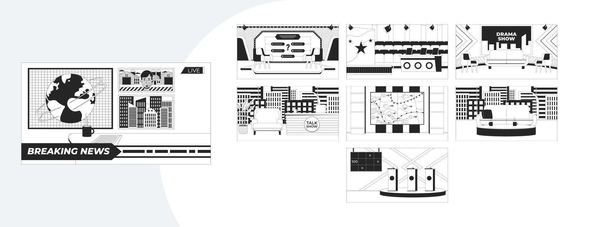 TV shows studio set outline illustrations mega bundle. Quiz competition, breaking news desk, weather broadcast furniture 2D linear images isolated. Collection black and white drawings vector