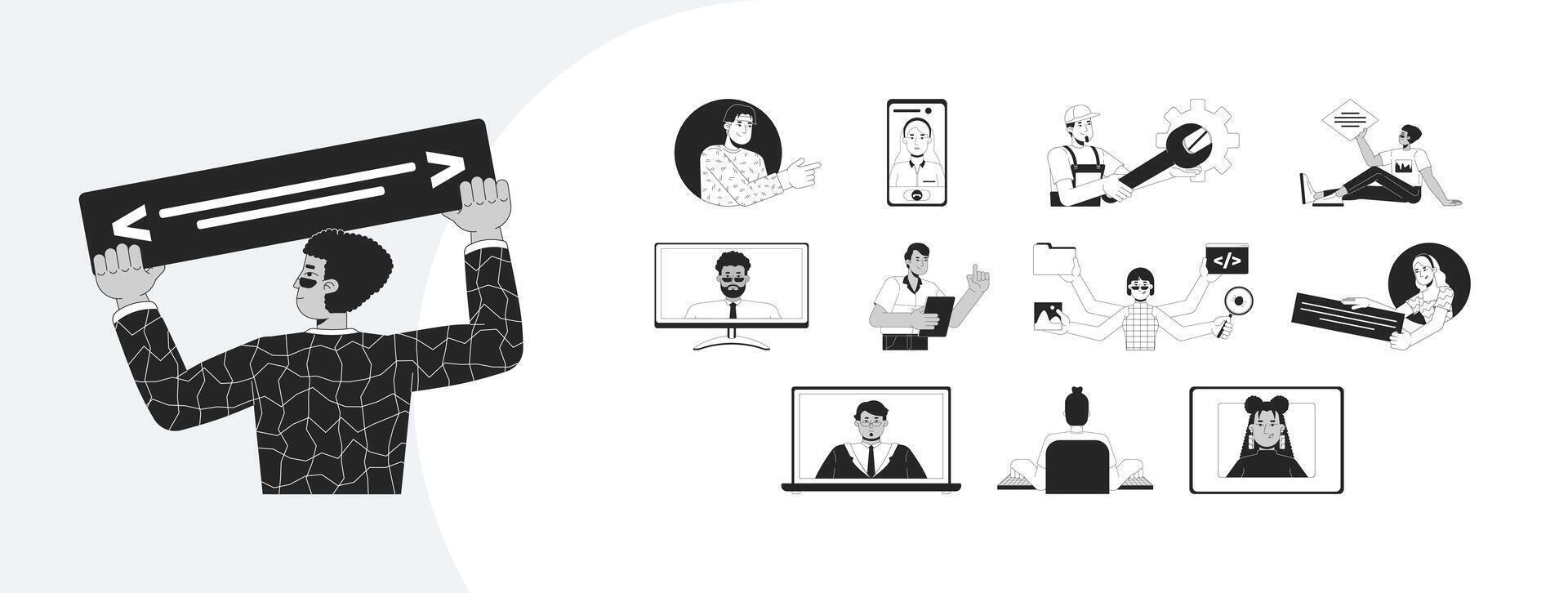 Software development characters outline illustrations mega bundle. Diverse developers technology. Programmers, app builder 2D linear images isolated. Collection black and white drawings vector
