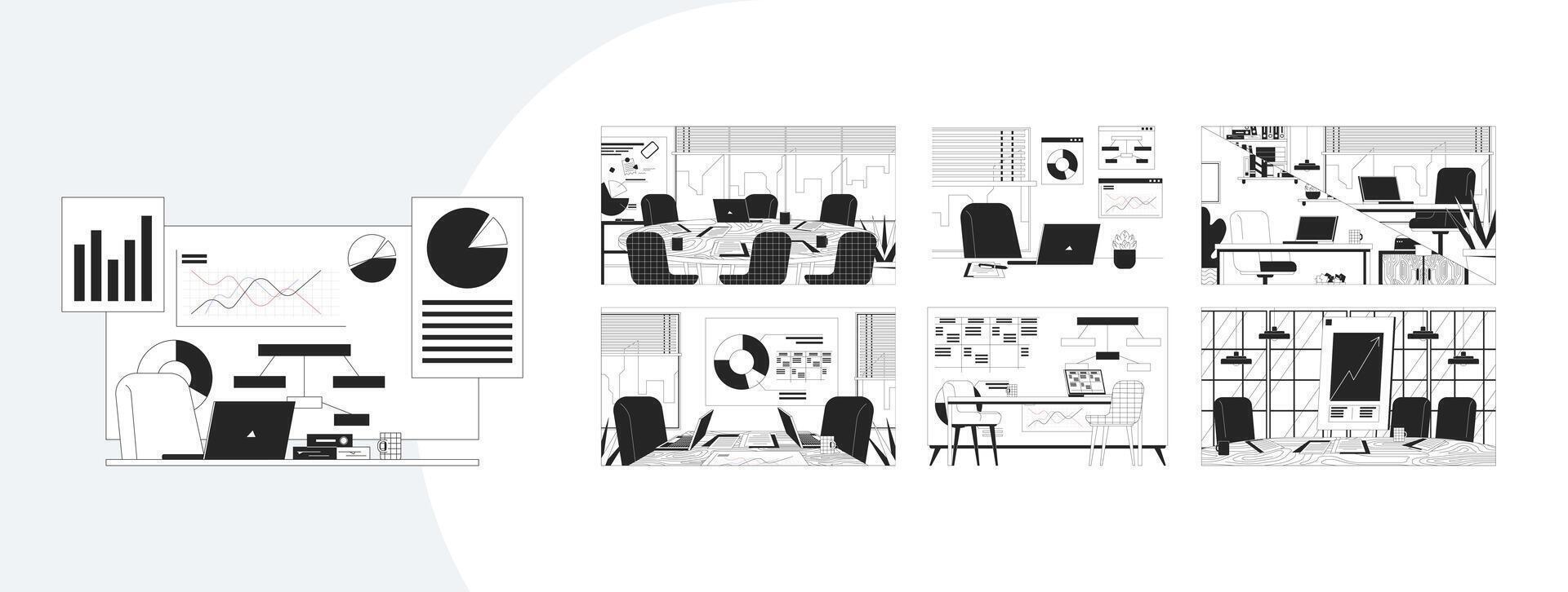 Team meeting rooms and office setup outline illustrations mega bundle. Workspaces charts for collaboration, strategy planning 2D linear images isolated. Collection black and white drawings vector