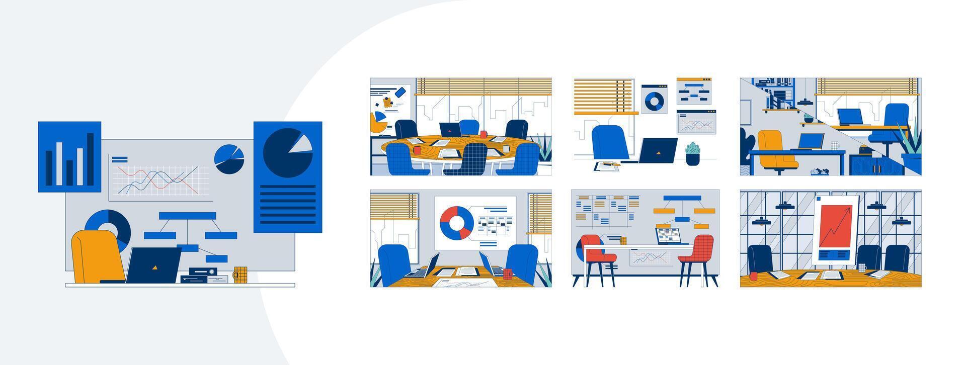 Team meeting rooms and office setup cartoon flat illustrations mega bundle. Workspaces charts for collaboration, strategy planning 2D images isolated on white. Collection drawings colorful vector