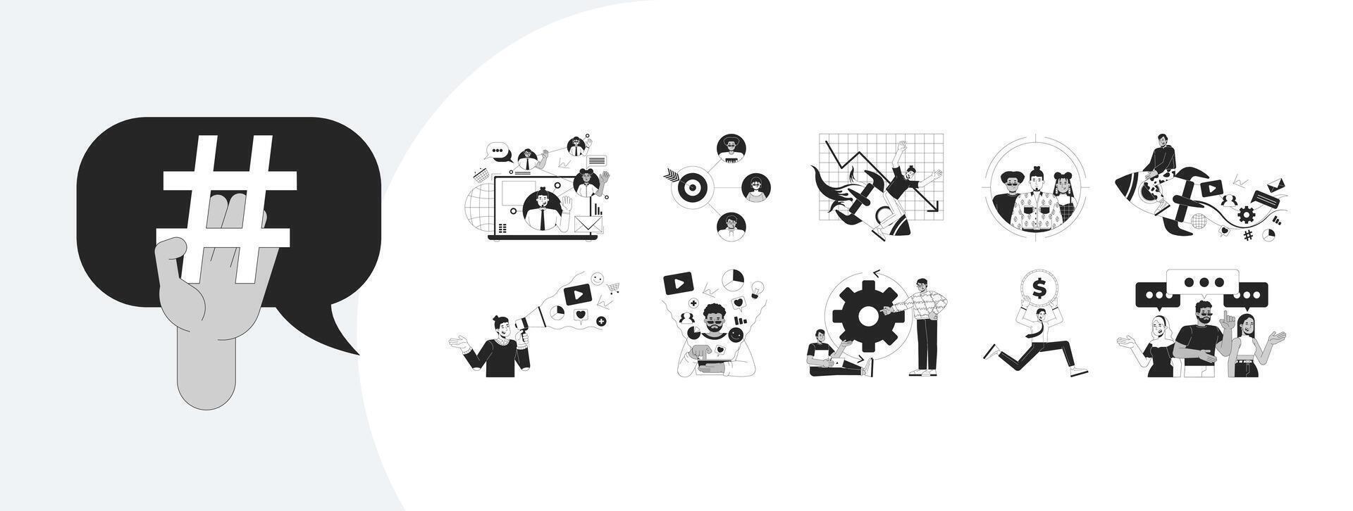 Digital marketing outline illustrations mega bundle. Online engagement. Social media campaign, startup. Influencer analytics 2D linear images isolated. Collection black and white drawings vector