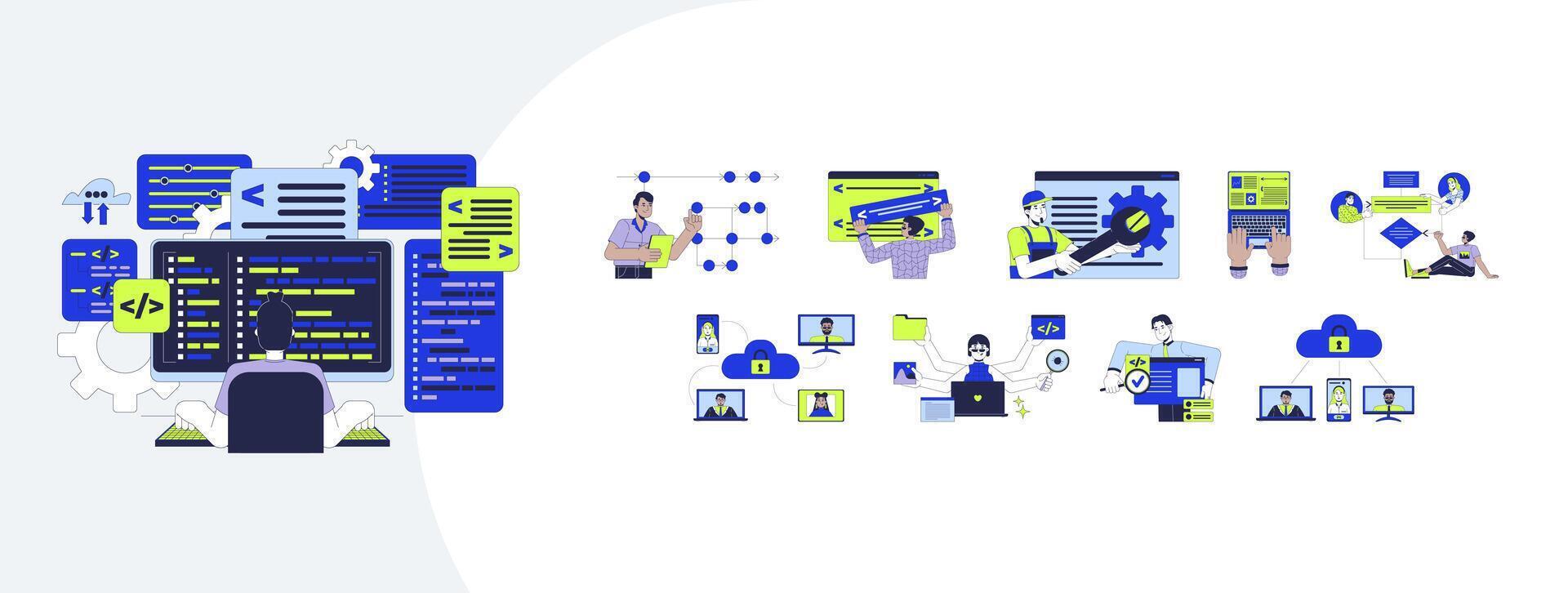 Software development process cartoon flat illustrations mega bundle. SaaS collaboration, debugging. Diverse developers writing code 2D images isolated on white. Collection drawings colorful vector