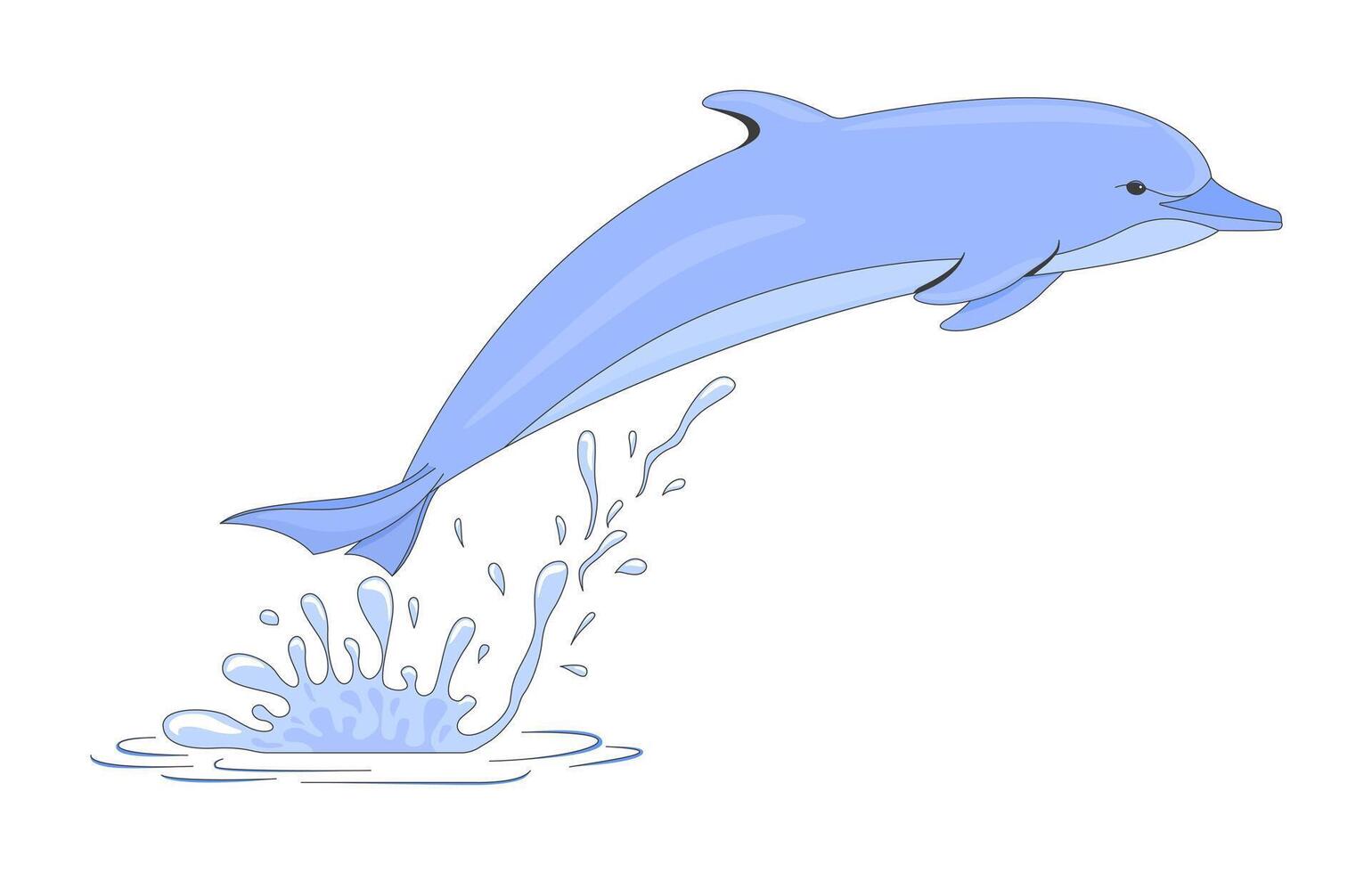 Playful dolphin jumping from water splash 2D cartoon character. Sea animal leaping joyfully out of ocean. Marine wildlife flat creature isolated on white. Spot illustration colorful vector