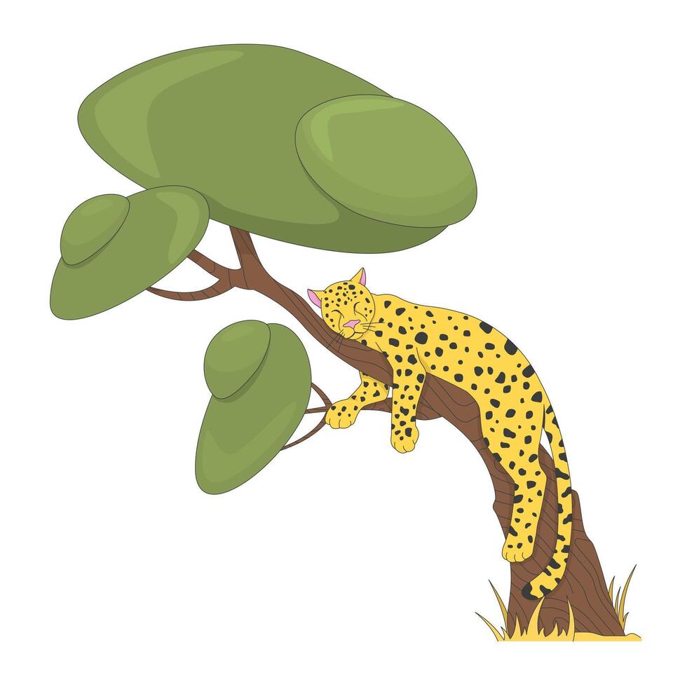 Leopard sleeping on tree 2D cartoon character. Spotted wild cat resting. Savanna life. Jungle animal in natural habitat flat creature isolated on white. Spot illustration colorful vector