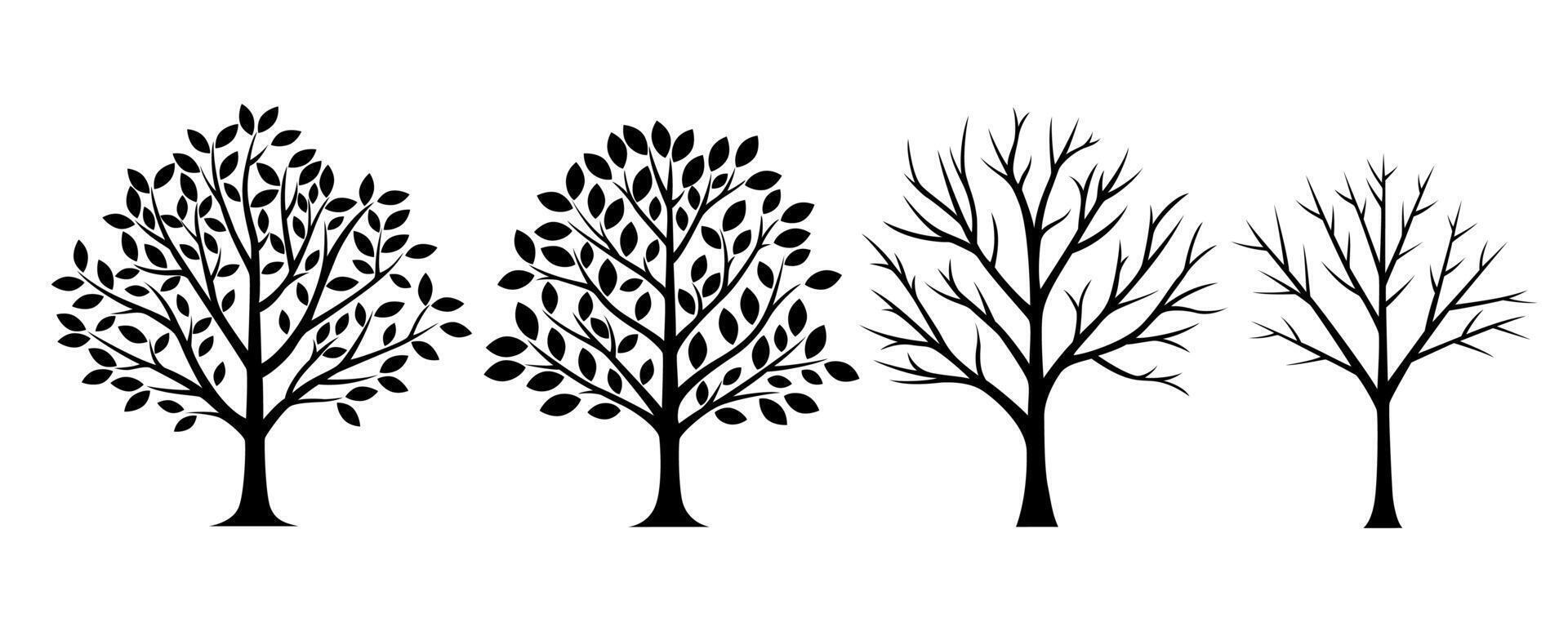 Four trees silhouette illustration, two with leaves, and two without, representing different stages of growth. Ideal for nature, seasons, and environmental concepts. vector