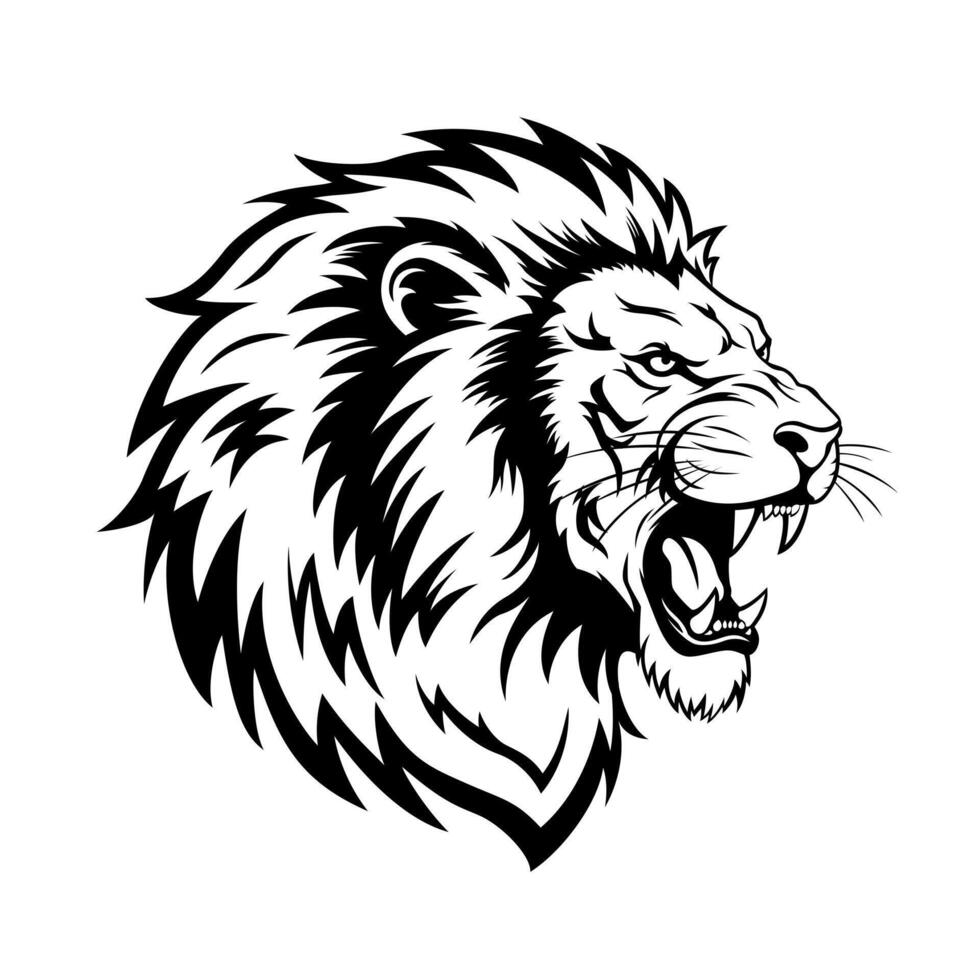 Black and white illustration of a roaring lion ideal for logos, tshirts, posters, and tattoos with a strong and powerful theme vector