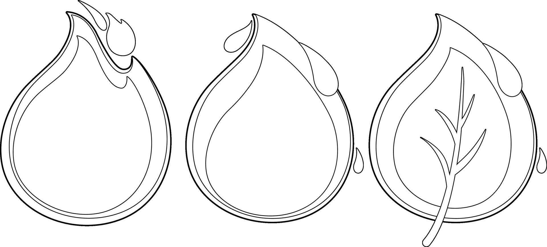Nature elements. Water, Fire, Earth. Ecology, energy and nature icons of a flame, a water drop and a leaf. Fire, water drop and plant leaf symbols. Black and white coloring page. vector