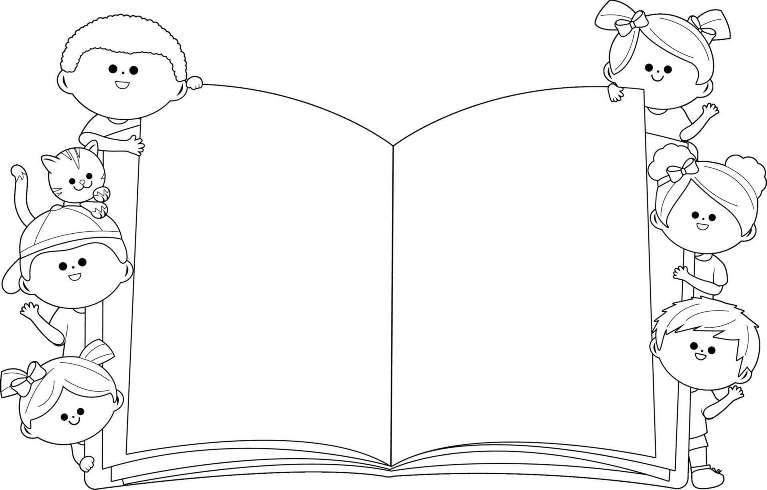 Happy children students reading books. Open book background with white pages and children. Black and white coloring page. vector