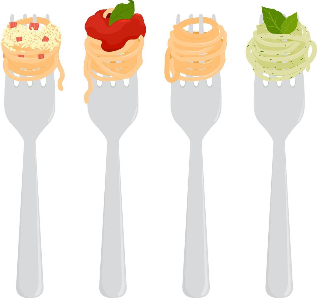 Spaghetti pasta on a fork. Pasta with pesto, carbonara, bolognese. Collection of pasta wrapped on forks. vector