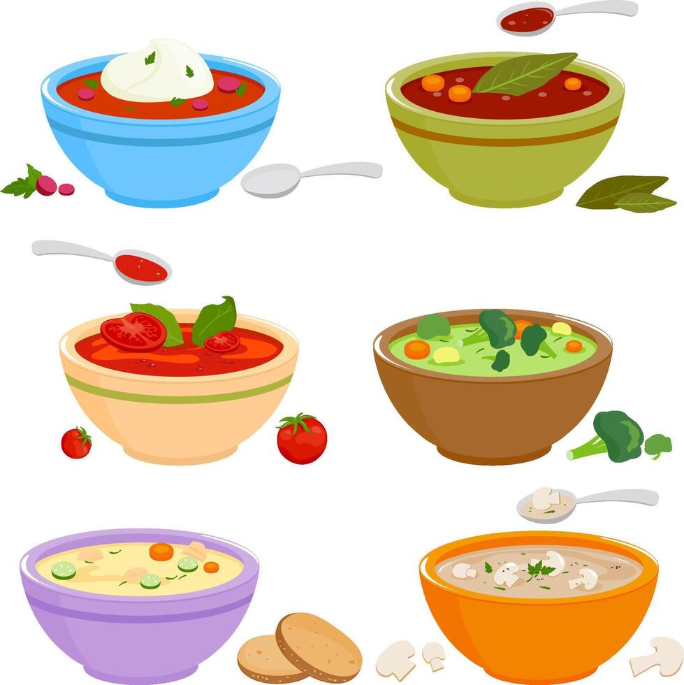 Bowls of soup with vegetables, mushrooms, chicken, Russian borscht soup, tomato and lentil soup. Collection of different types of soup. vector