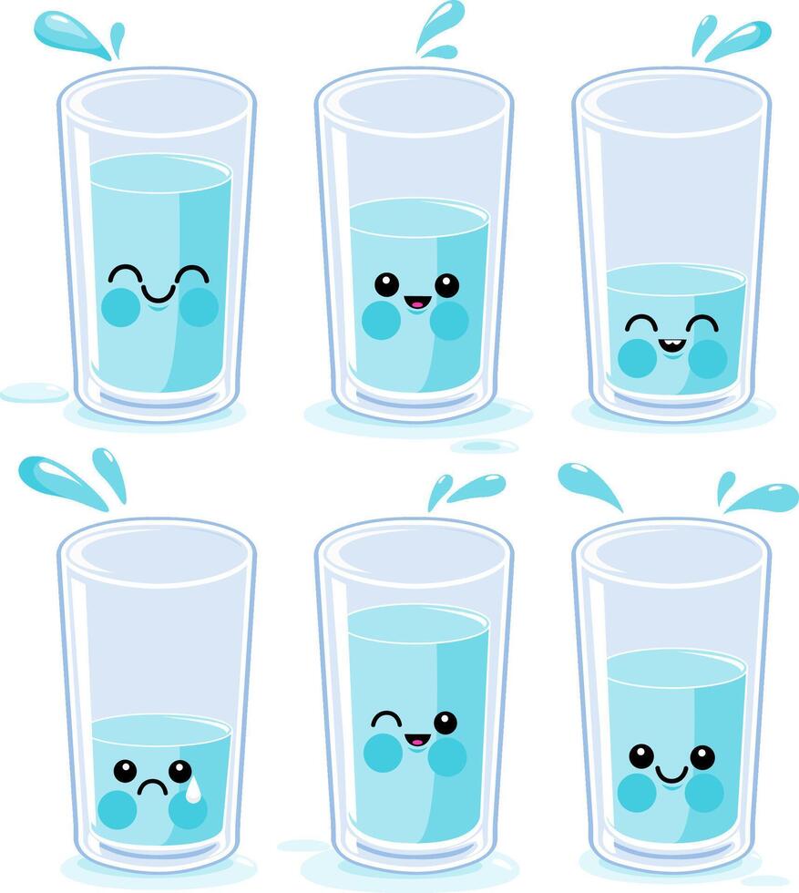 Collection of half full and half empty cartoon glasses of water characters. Cute cartoon glasses of water drink characters. vector