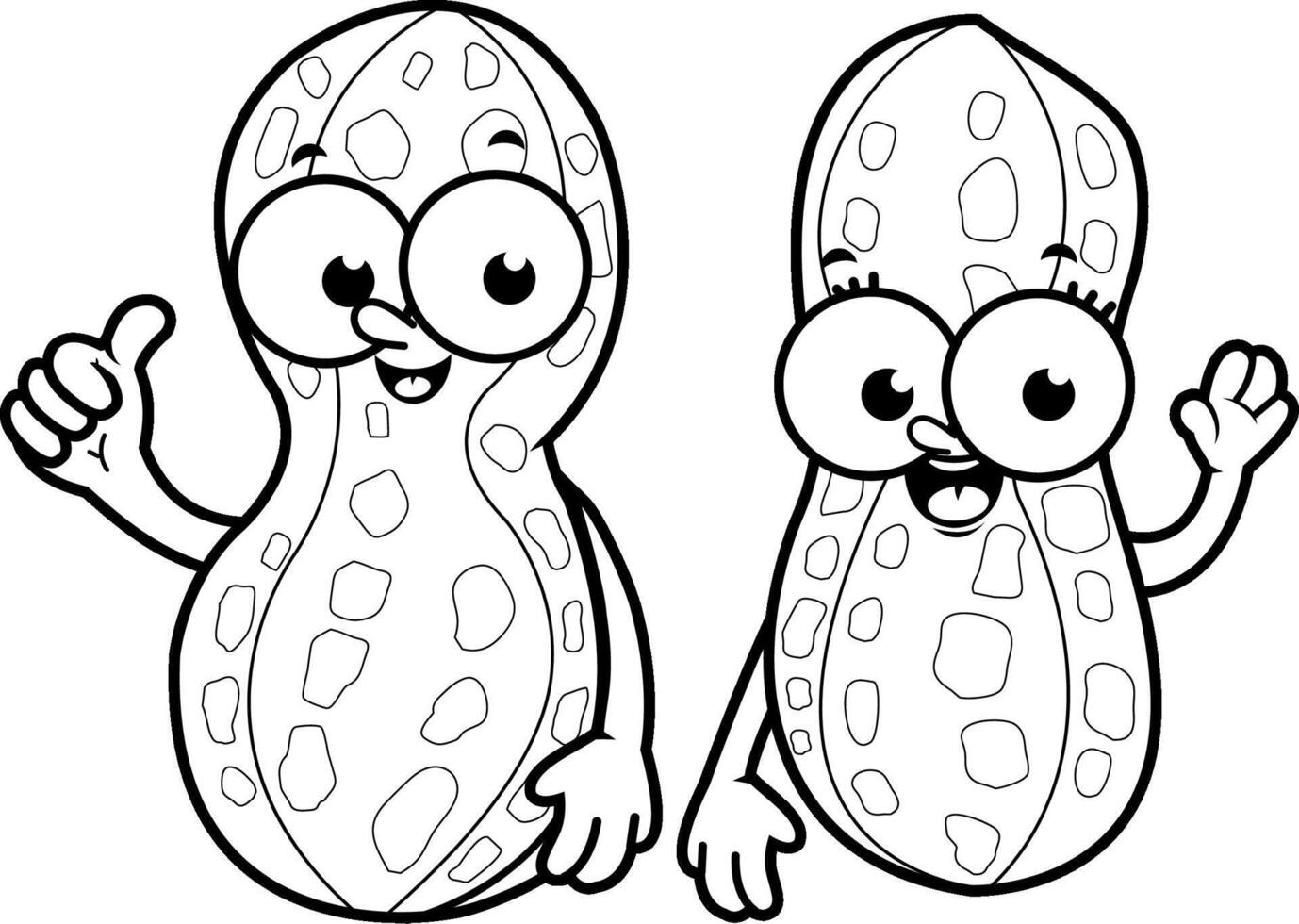 Happy cartoon peanut characters. Healthy food. Funny peanut mascots on white background. Black and white coloring page. vector