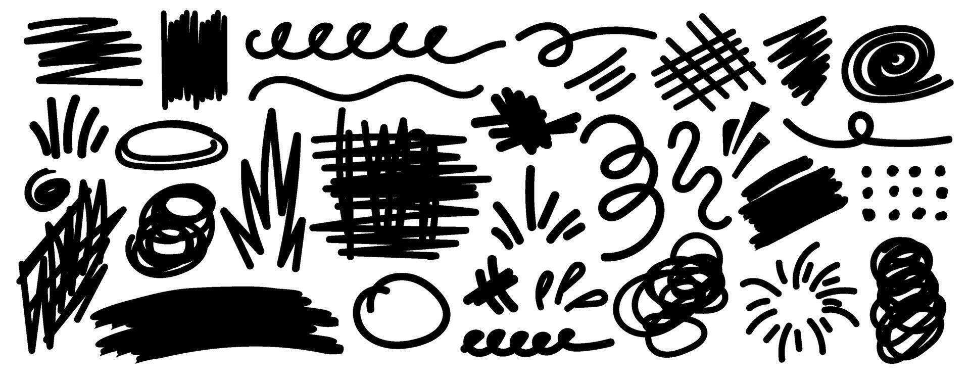 Collection of hand drawn doodles and squiggles for text highlighting sign. Set of design elements with texture of scribbles. Black line brush stroke. Simple cute swashes vector