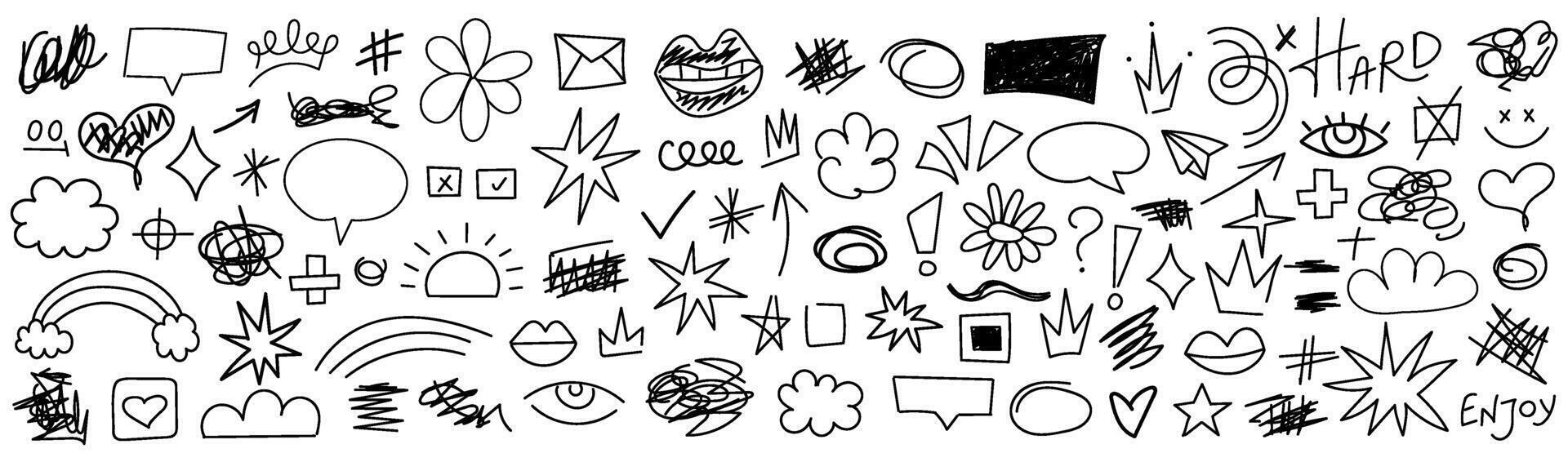 Collection of hand drawn doodles and squiggles for text highlighting sign. Set of design elements with texture of scribbles. Black line brush stroke. Simple cute swashes, strokes, vector