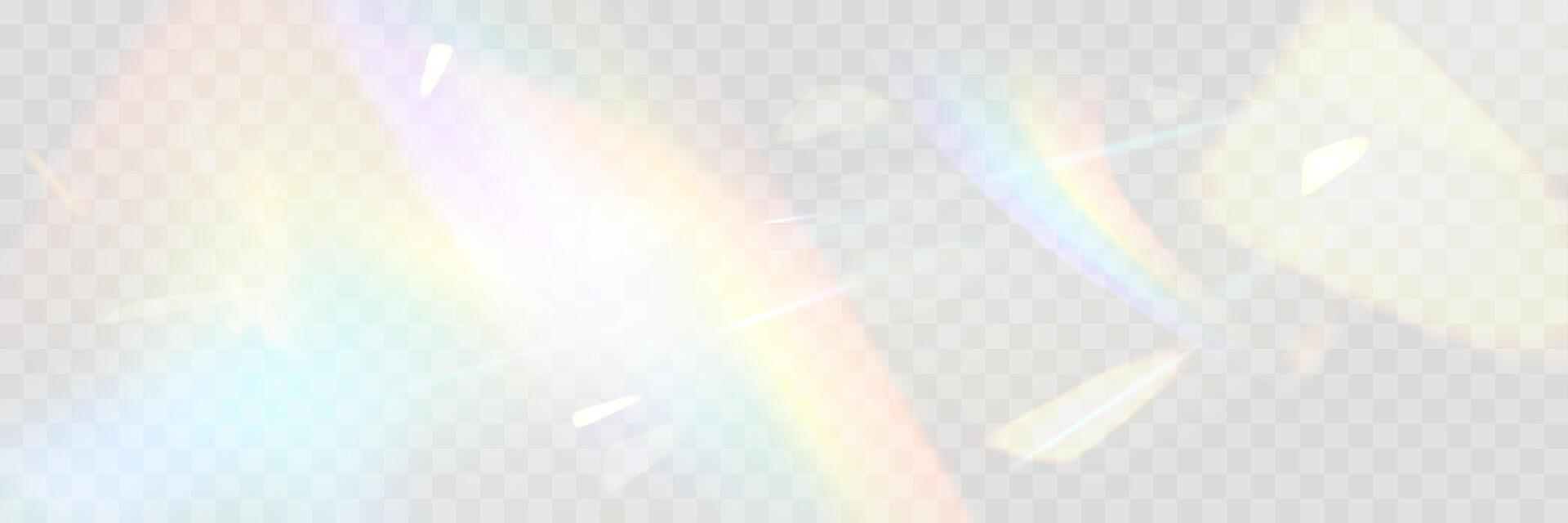 Rainbow blurred refraction overlay effect. Colorful light lens prism on dark background. Holographic reflection, iridescent crystal vector