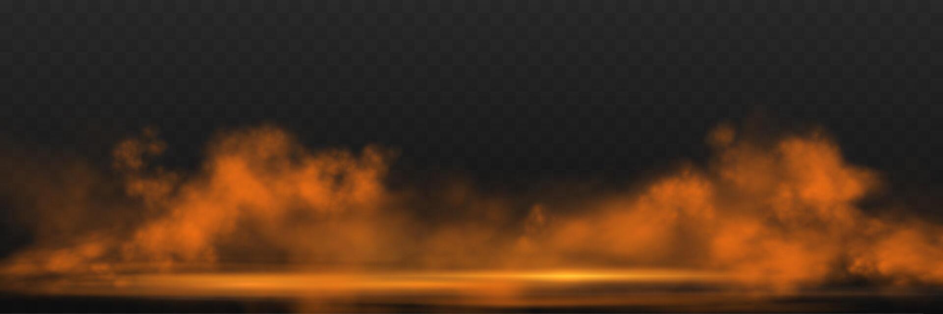 Realistic orange smoke or haze, overlay effect on a dark background. Hot fire and flame, magic fog, vapor on floor. Abstract illustration vector