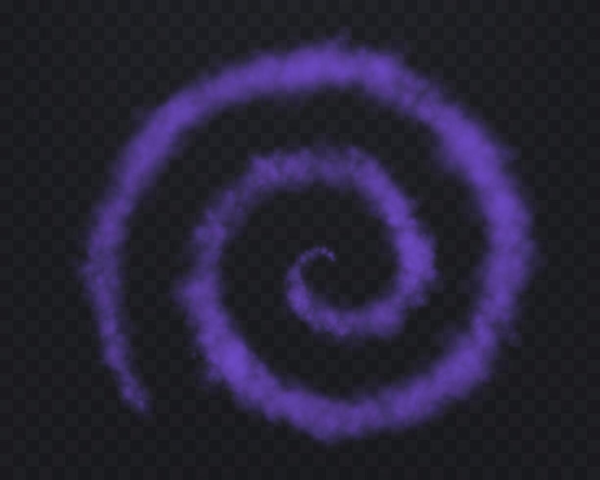 Realistic purple spiral smoke or haze, overlay effect on a dark background. Circular magic fog, vapor. Abstract illustration vector