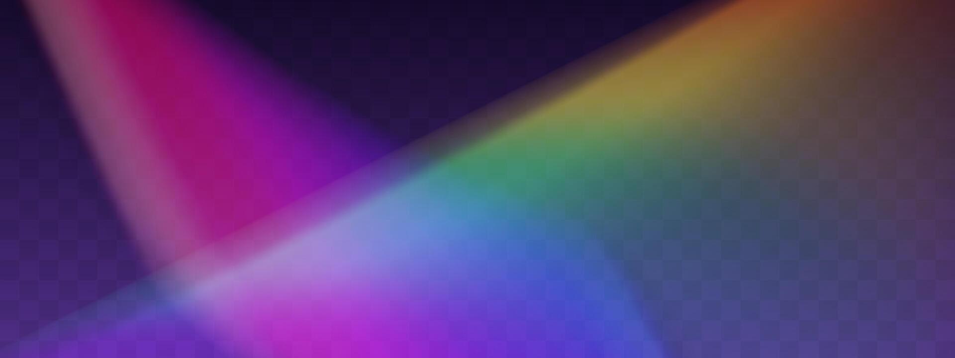 Blurred rainbow refraction overlay effect. Light lens prism effect on background. Holographic reflection, crystal flare leak shadow overlay vector